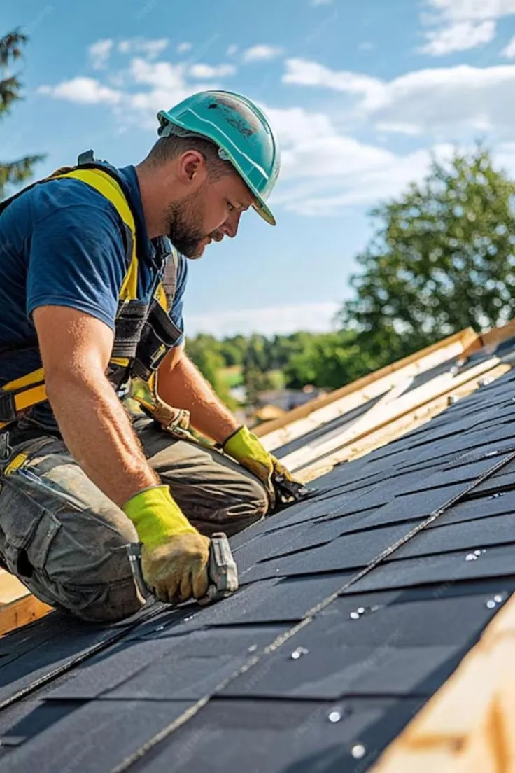 Roofer installing asphalt shingles on a residential roof